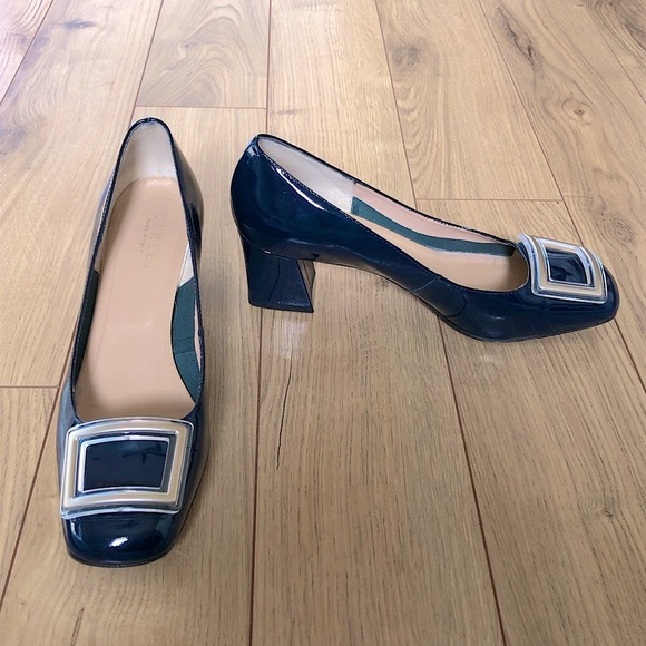 Scarlet Shoes - Women’s Scarlet Dark Blue Square toe Leather High Heel Pumps Shoes size 38.5